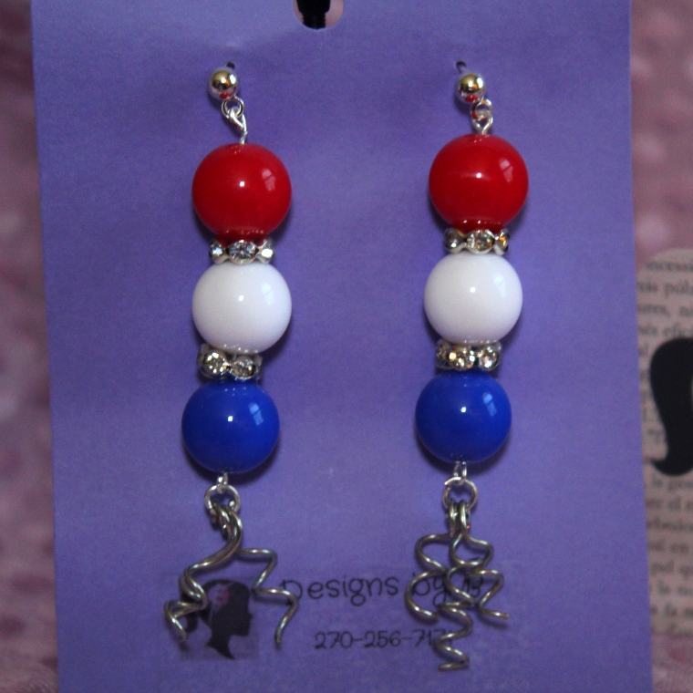 Sparking Red, White And Blue Glass Bead Dangle Earrings